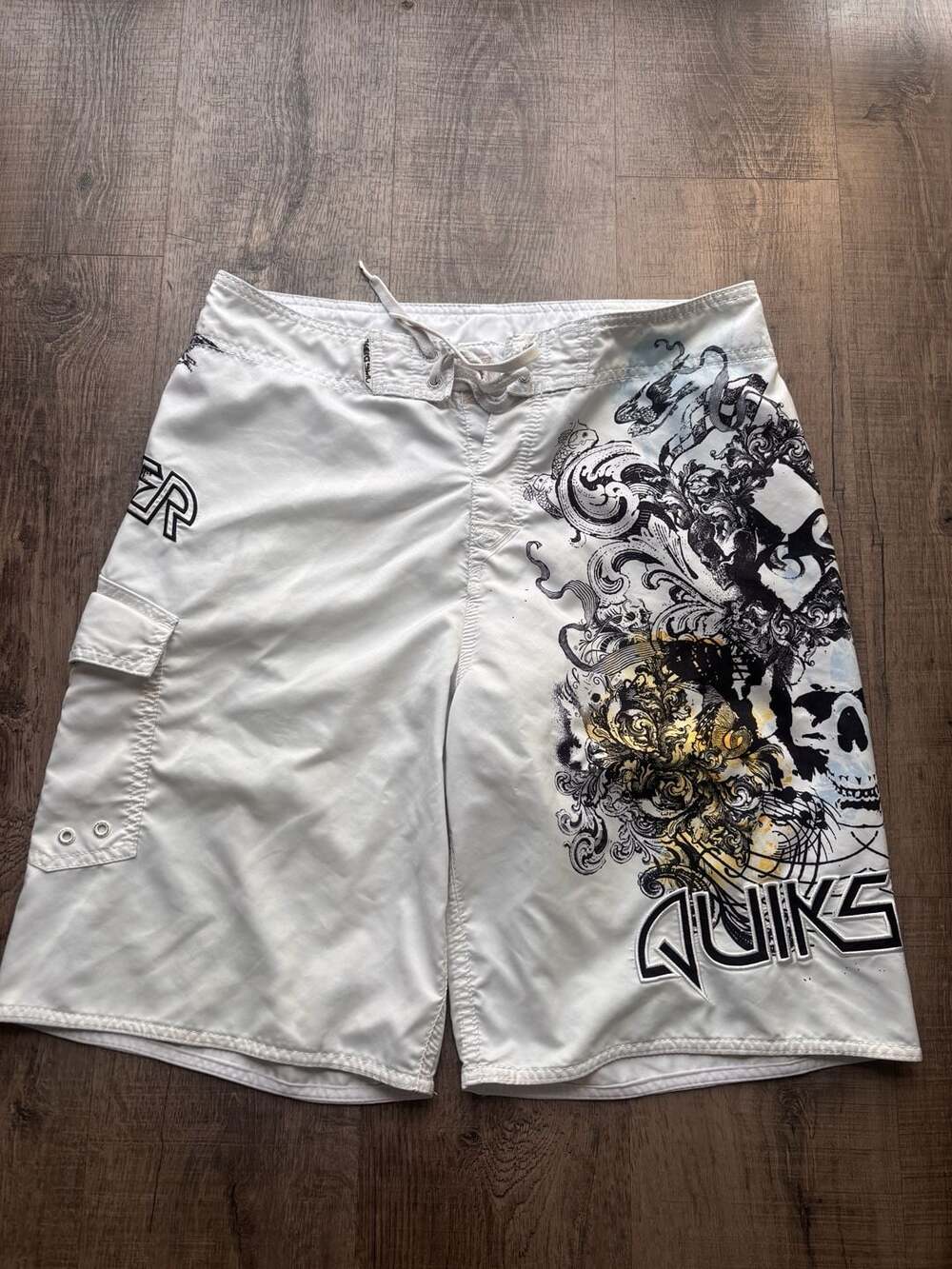 Quiksilver Men's White Graphic Print Board Shorts with Skull Art